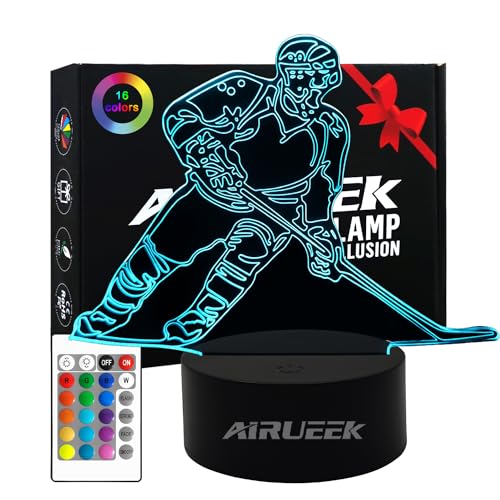 AIRUEEK Luz noturna de hóquei no gelo para crianças, luz noturna 3D Hockey LED candeeiro com controlo remoto, ideia presentes para o Natal, aniversário, comunhão para crianças, meninas