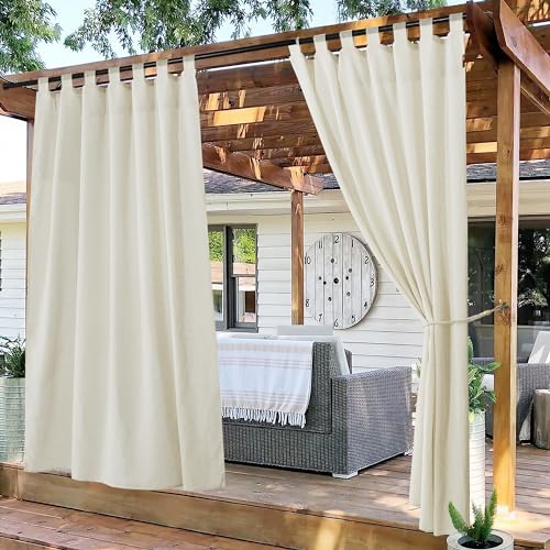 PONY DANCE Cortina de exterior para alpendre, impermeável, cortina de linho com presilhas translúcidas para terraço, pérgolas de jardim, 2 peças, 140 x 274 cm, creme