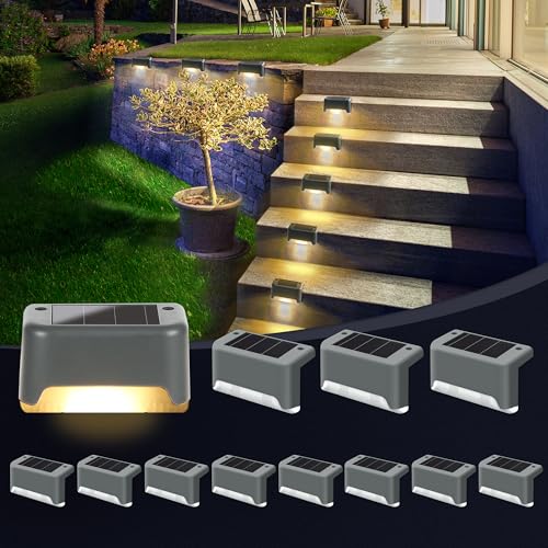 GIGALUMI Luzes solares para exteriores pack de 12, luzes para escadas, impermeáveis, iluminação LED para escadas exteriores, degraus, cercas, pátios, terraços, cinzento, branco quente