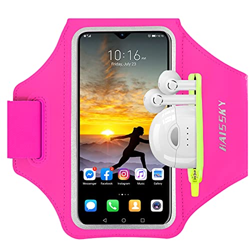 HAISSKY Pulseira desportiva de corrida com bolsa de auriculares, pulseira de telemóvel desportiva ajustável para iPhone 15 Pro MAX 14 Pro 13 12 11 Plus XS XR X, Galaxy S24/S22/S10, até 6,9" (rosa)