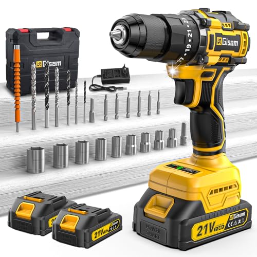 Broca Percutor a bateria 21 V, 2 x 2,0 AH broca parafuso bateria com, parafuso elétrico 55 Nm, 23 + 3 ajuste de par, 24 acessórios, 2 velocidades, LED luz para casa, bricolage
