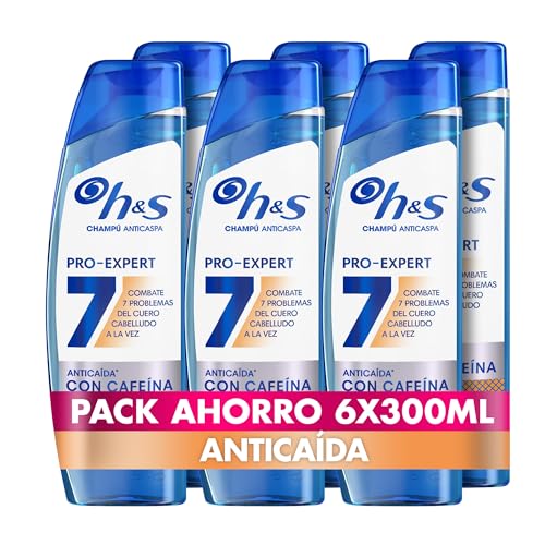 H&S Pro-Expert 7 champô anti-caspa anti-queda, 6 x 300 ml com cafeína. Combate 7 sintomas da concha para uma proteção completa do couro cabeludo. Evita a queda de empilhar, clinicamente testada