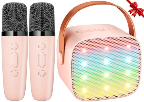 Ankuka Karaoke 2 Microfones Karaoke infantil Bluetooth com microfone sem fios altifalante com luzes LED presente menina brinquedo que muda de voz rosa