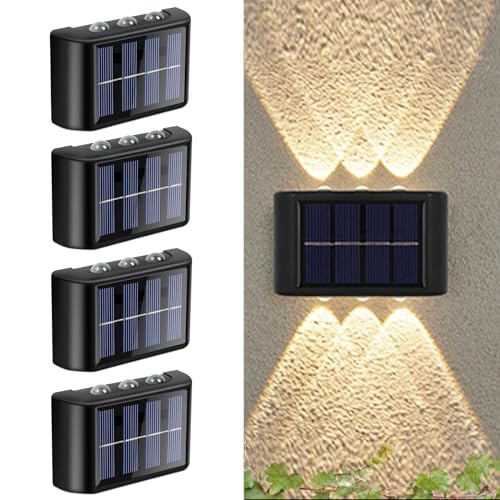 flintronic 4 peças Candeeiro de parede solar para exterior, iluminação 6 LED para exterior, impermeável, sem fios, para alpendre, caminho, garagem, branco quente