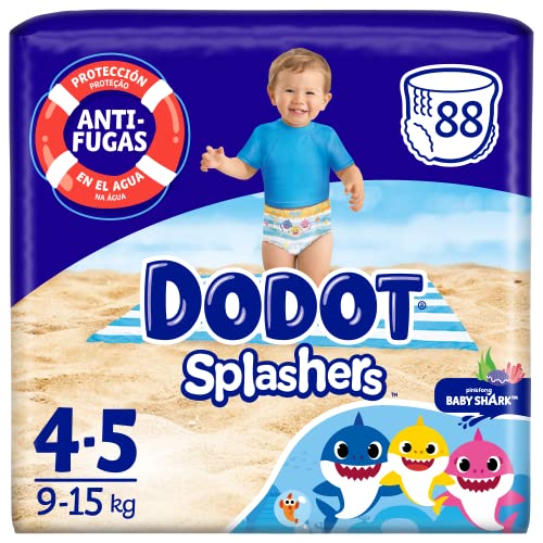 Dodot Fraldas bebé Splashers Baby Shark, tamanho 4 (9-15 kg), 88 fraldas, fatos de banho descartáveis, proteção contra fugas na água