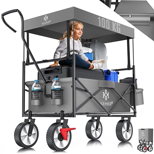 KESSER® Carrinho dobrável com teto, carrinho de jardim com 2 bolsos de rede e um exterior com travão na roda dianteira, rodas de borracha, até 100 kg de capacidade | cinzento