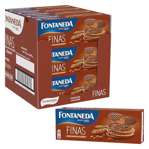 Fontaneda Digestive bolachas finas com chocolate com leite, Snack delicioso, 12 caixas de 170 g