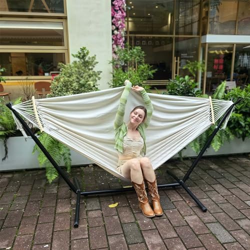 GOCAN Rede grande de lona de algodão dupla para 2 pessoas, 220 x 150 cm, suporte de aço e barra separadora removível, carga 227 kg, para quintal, alpendre, jardim, exterior e interior, bege