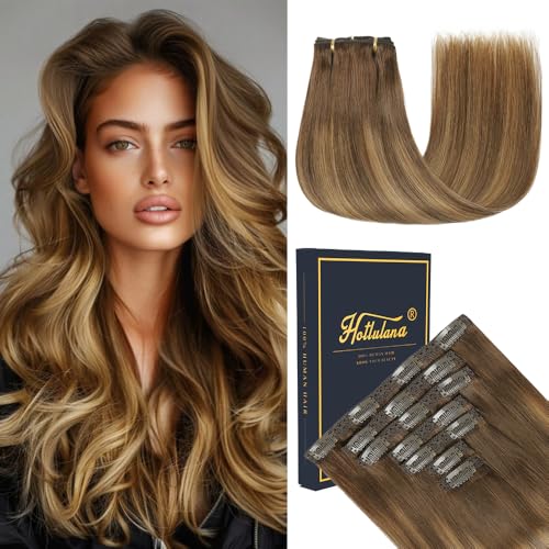 HotLulana Remy Extensões de clipe de cabelo natural 120 g 7 peças 45 cm (18 polegadas) cabelo humano 4/4/27#