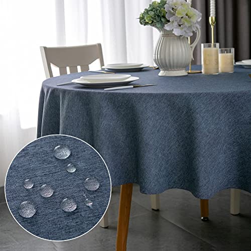 Yeahshion Toalha de mesa redonda resistente a manchas, azul SJFS 120 cm, toalha de mesa impermeável com efeito de linho de poliéster para mesa, sala de jantar, restaurante (azul, oodji 120 cm)