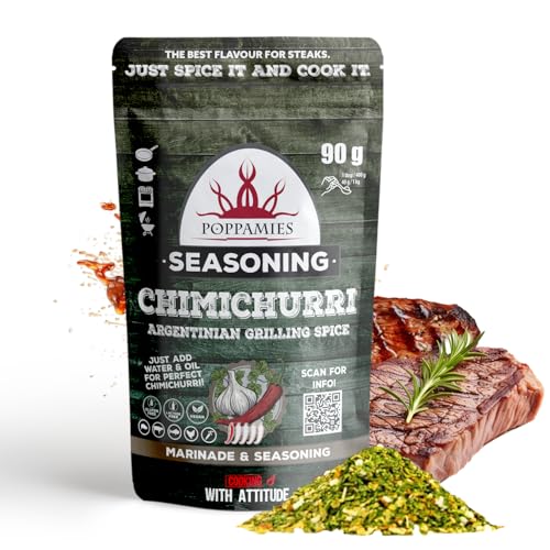 Poppamies Tempero Chimichurri BBQ, marinhado seco e condimento para churrasco, perfeitos para peixe, legumes, frango, porco e carne de Res - embalagem grande (90 g)