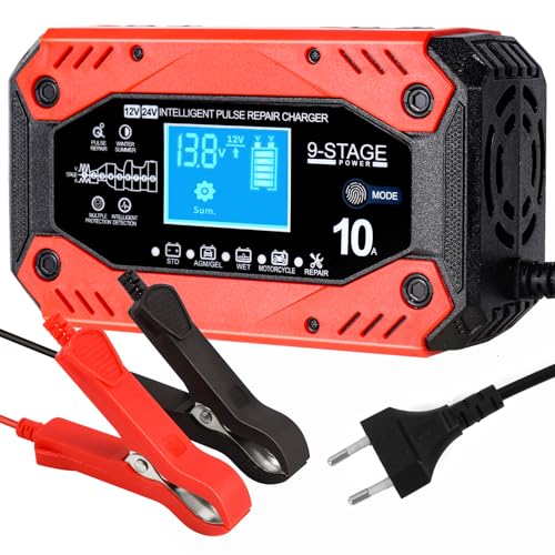 Carregador de baterias de carro e moto, 12 V 10 A/24 V 5 A carregador de bateria de carro várias proteções carregador bateria mota com ecrã táctil LCD para AGM/Gel/EFB