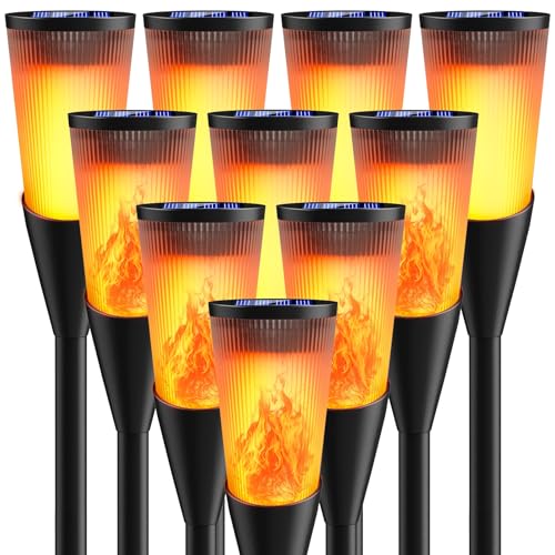 FIFlying Luzes de chama solar exterior jardim, 10 peças tochas solares exteriores IP65 impermeável, 2 modos candeeiro solar com chamas realistas para jardim, pátio, relva, caminho