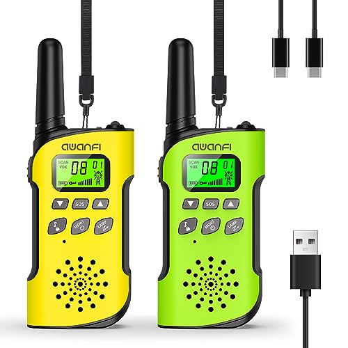 AWANFI Walkie Talkie para crianças, 3-12 anos, Walkie Talkies recarregável com bateria de iões de lítio, VOX, função SOS e lanterna, longo alcance, walkie talkies para campismo, aventuras, presentes