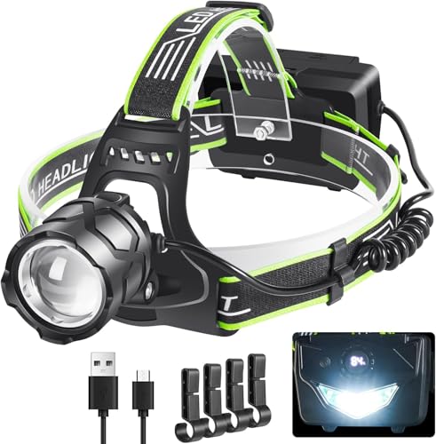 PEAKRO Lanterna frontal LED recarregável, 90.000 lúmenes de alta potência, 5 modos, 9000 mAh frontal LED recarregável com luz de aviso, lanterna de cabeça de 90 ° ajustável para campismo e pesca