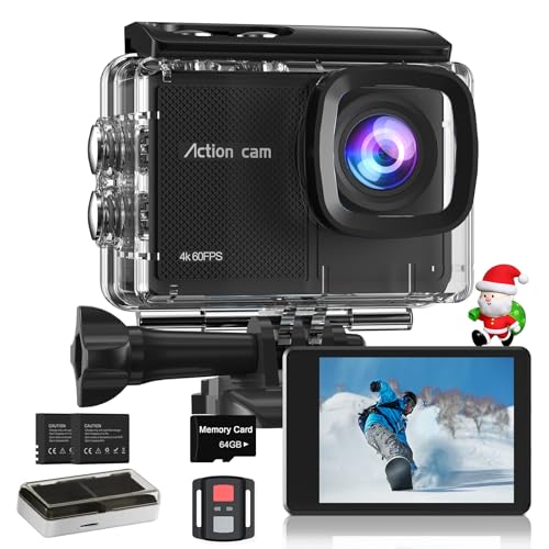 Câmara desportiva 4K60FPS com cartão 64 GB, 131 FT câmara subaquática com 8 x zoom, 48 MP HD Wi-Fi câmara de vídeo 170 ° EIS câmara de ação, câmara aquática submergível com controlo remoto, 2 * 1350