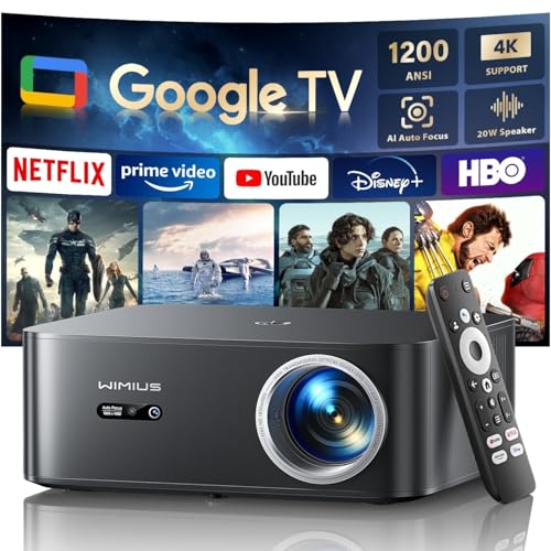 Projetor 4 k【1200 ANSI/Google TV/Netflix Disney+ oficial】 WiMiUS Full HD 1080P nativo, controlo de voz, auto-foco/chave, WiFi 6 e Bluetooth 5,2 projetor em casa/exterior (Preto)