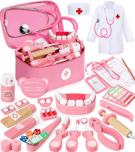 Ophy Maletin Brinquedo médicos, 46 peças para médica, brinquedos para menina, 3 anos, brinquedo médico com estetoscópio realista acessórios, dentista médica disfarce kit EfficientGrip