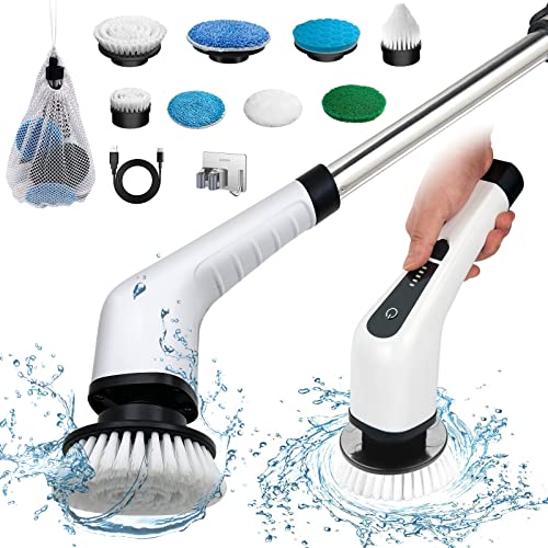 FARI Lavadora giratória elétrica, escova de limpeza sem fios com 8 cabeças de escova substituíveis, escova elástica de duche com pega ajustável para casa de banho, piso de azulejo e carro (ANS-8050)