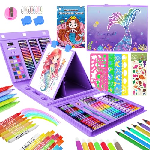 TCJJ 208 Peças crianças Maletin pinturas para crianças, sereia mala pintura crianças, bolos a óLeo, rayões, lápis coloridos, presentes de sereia para meninas de 3-12 anos