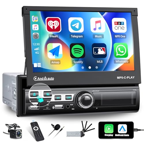 CAMECHO Rádio de carro 1 DIN Carplay/Android Auto/Mirror Link com ecrã tátil automático extensível de 7 polegadas, rádio de carro com ecrã Bluetooth FM USB AUX TF microfone externo câmara
