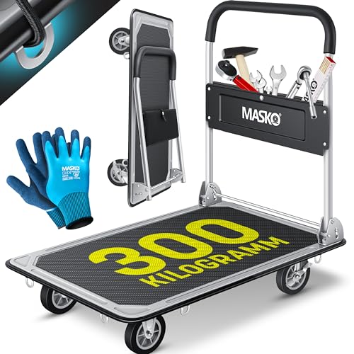 MASKO Carrinho de plataforma, carrinho de armazenamento, Incl. Luvas de trabalho, travão de bloqueio, com 6 argolas de segurança, rodas giratórias 360°, dobrável, capacidade de carga - 300 kg / preto