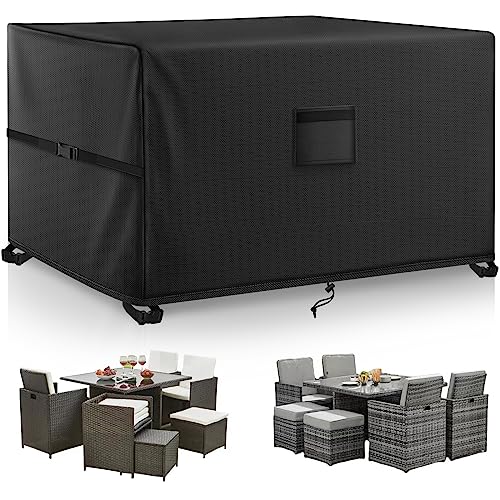 Kovshuiwe Capas para móveis de jardim, capas impermeáveis para móveis de pátio, capas de mesa de pátio 420D, resistente ao vento, anti-UV para pátio, 150 x 150 x 74 cm