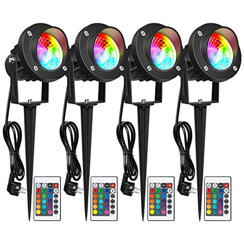 LEDMO 4 Peças RGB Foco projetor exterior 20 W, lâmpada de relvado RGB com espeto impermeável IP65 holofotes de jardim com espeto para jardim ao ar livre relvado pátio decoração