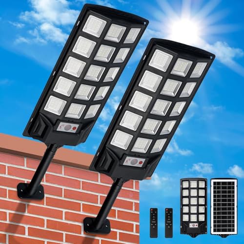 SENDALE Candeeiros solares de 500 W para exteriores, 2 unidades com controlo remoto, 6500 K, lâmpada solar de rua, crepúsculo até ao amanhecer, IP66, candeeiro solar de estrada ao ar livre para