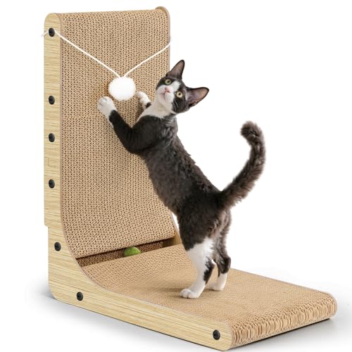 Gimars Raspador para gatos grandes em forma de L de 47 cm, placa de raspador com peluche e bolas de Catnip, raspador de papelão para montar na parede, brinquedos para gatos para proteger móveis,