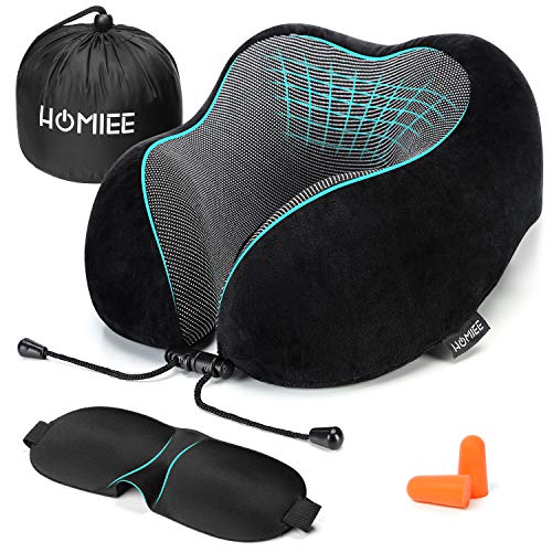 HOMIEE Almofada de viagem, almofada cervical de espuma com memória de forma, almofada de suporte cerevical essencial para viajar, máscara de sono, tampões para os ouvidos e bolsa de transporte, preto,