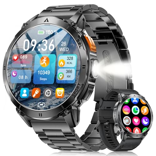 LIGE Relógio inteligente homem com lanterna, 1,62" AMOLED militar Smartwatch com chamadas Bluetooth, 730 mAh bateria grande, 110 modos desportivos pulseira atividade, 24/7 de pulso / sonho para