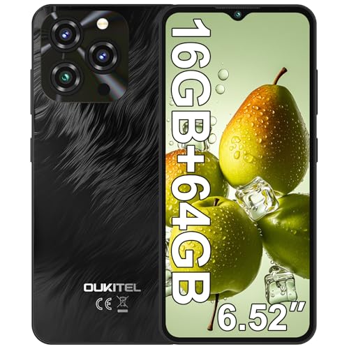 OUKITEL C3 Telefones celulares livres - 16 (4 12) GB + 64 GB/TF 1TB telemóvel Android 14, 6,52" Smartphone, bateria 5000 mAh, câmara 13 MP+5 MP, 4G Dual SIM/Face ID/3,5 mm/GPS/OTW/OTW/OT. G, preto