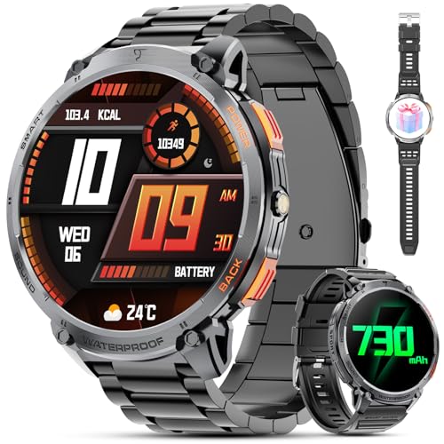 Haulvean Smartwatch Militar para homens com chamadas Bluetooth, 1,85" HD 730 mAh, IP68, acompanhamento de fitness com lanterna LED, frequência cardíaca 24/7, monitorização do sono, compatível com