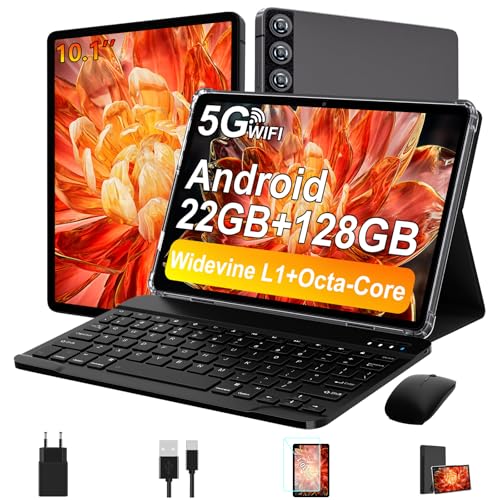 ZIOVO Tablet Android de 10 polegadas, 22 GB RAM+128 GB ROM (TF 1TB), 5G WiFi/Widevine L1/Octa-Core/8000 mAh/corpo metálico/8 + 5 MP/BT 5.0/ Tablet 2 em 1 com teclado Lado e rato - cinzento