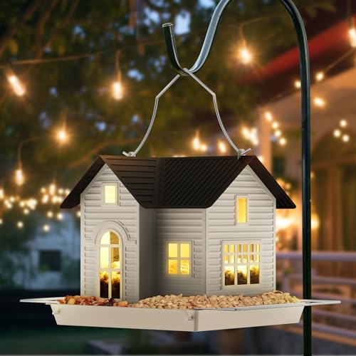 MrCrafts Alimentador de pássaros com luz solar para exterior - Bird Feeder - Comedidor suspenso de metal para aves selvagens, decoração de jardim