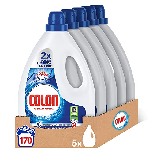 Colon Gel ativo - detergente para máquina de lavar líquido, fórmula higiene, adequado para roupa branca e colorida, formato de gel - embalagem de 5, até 170 doses