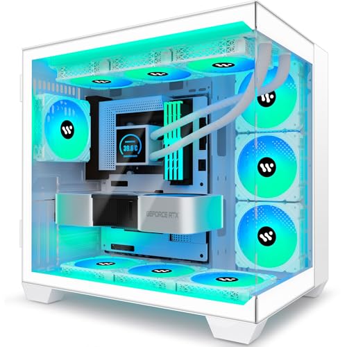 KEDIERS Capa PC com 9 ventoinhas ARGB pré-instaladas, torre média ATX para jogar, com vidro duplo temperado e ecrã completo, modelo H9, branco.