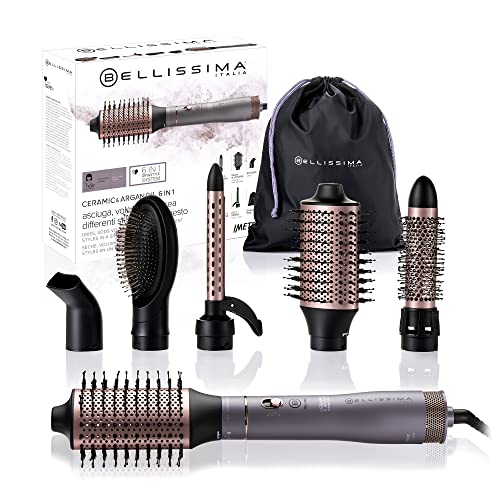 Bellissima Ceramic & Argan Oil 6em 1, escova de ar quente, moldador, 6 acessórios, tecnologia Ion, escovas revestidas de cerâmica e óleo de argão, seca e fornece volume, golpe ar frio