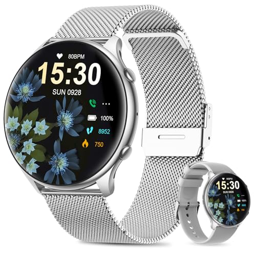 SLOKSFil Relógio inteligente mulher com chamada Bluetooth, 1,39" Smartwatch/ciclo menstrual/ritmo cardíaco/monitor de sono/pedómetro/IP67 resistente à água/iOS Android (prateado)