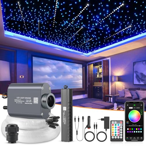 SUNKENET Meteor 16 W fibra ótica LED, luzes de fibra ótica com modo Bluetooth/remoto/música, cabo de fibra 450 peças * 0,75 mm * 3 m + kit de estrela cadente para teto de carro