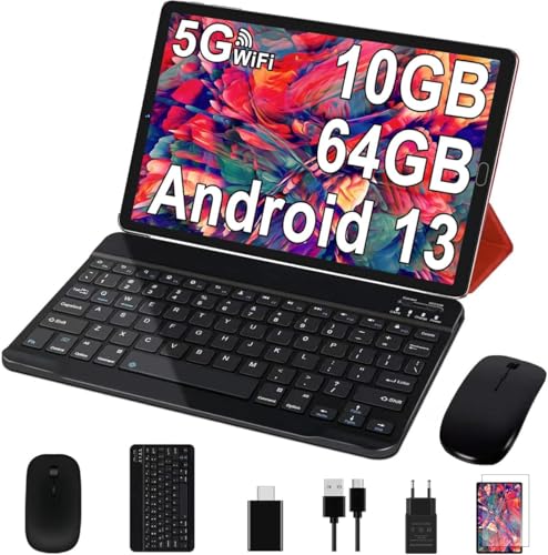 SUAAT 2025 Novo Tablet de 10 polegadas Android 13 com 10 GB RAM 64 GB ROM (TF 1TB), Wi-Fi 6 (5G+2,4 G), Bluetooth 5.0, Type-C, 6000 mAh, 8 MP+ 5 MP, com capa, teclado, teclado, rato Vermelho