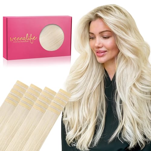 WENNALIFE Extensões adesivas cabelo natural, 45 cm, 50 g, 20 peças, loiro platina extensões adesivas extensões de cabelo Remy natural cabelo humano natural