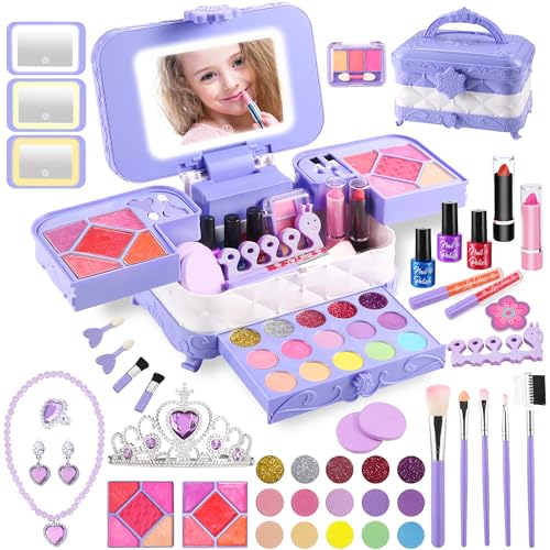 YasinKidz Maquilhagem para meninas com espelho cosmético LED de 3 cores, 59 peças kit de maquilhagem para meninas, lavável brinquedo de maquilhagem para meninas 4 5 6 7 8 anos para festa, aniversário,