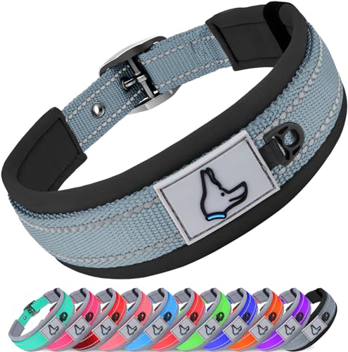 Joytale Coleira de neoprene para cão grande resistente, refletor ajustável acolchoado neopreno, cinzento, XL
