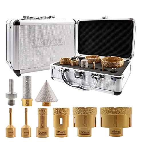 SHDIATOOL Brocas diamantadas M14 rosca 6/6/20/35/50/68/20 mm brocas de dedo / 50 mm chanfro / adaptador de cabo triangular para porcelana cerâmica granito mármore