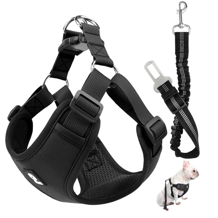 Arnês de carro para cão com trela de conector, cinto de cão carro de malha macia e respirável, 53 cm - 74 cm ajustável cinto segurança cão carro para fixar o assento do carro (preto, S)