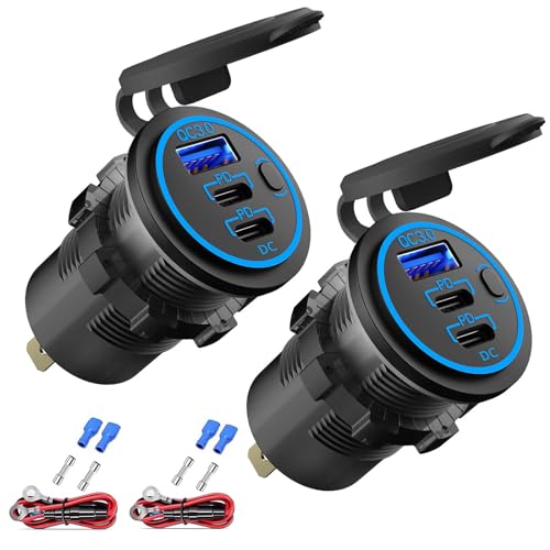 Tomada USB 12 V carregador de várias portas, PD3.0 duplo-C e Quick Charge 3.0 porta U-S-B para carro com interruptor de energia, carregador rápido para telemóvel tablet, adequado para carro barco