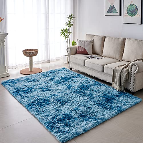 VOFUSHON Tapete de salão de pelo alto, moderno, macio e macio, multicolorido, estilo batik, para sala de estar, quarto, quarto das crianças (azul-marinho, 160 x 230 cm)