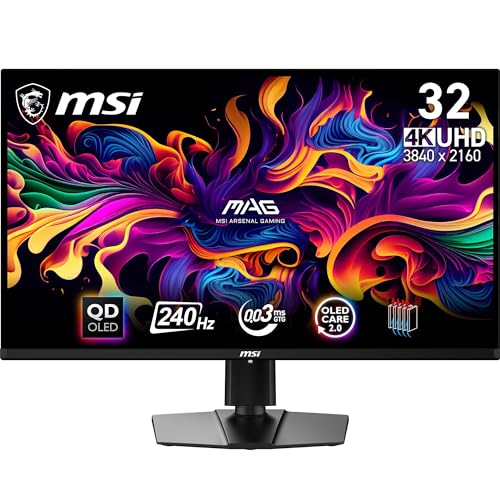 MSI mag 321UPX QD-OLED Monitor de jogos, 31,5" 4K UHD, 3840 x 2160 Quantum Dot OLED, 240 Hz / 0,03 ms, 99% DCI-P3, EJOOY E≤2, DisplayHDR True Black 400, DP 1.4 A, HDMI 2.1, USB Type-C